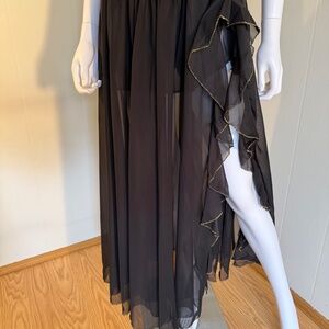 Goth Ritual Black Maxi Sheer High-slit Gold-trim, Large, Elastic Waist